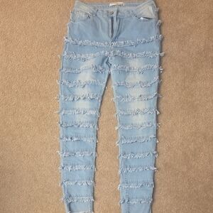 Trendy Light Blue Fringed Junior Girl's Skinny Jeans